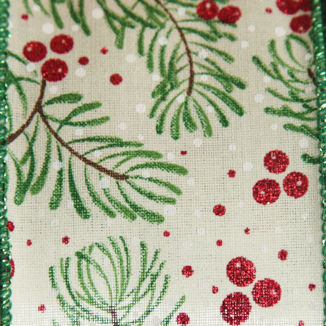 Wide White with Green Fir and Red Berry Ribbon Close up