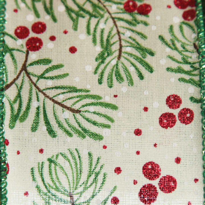 Wide White with Green Fir and Red Berry Ribbon Close up
