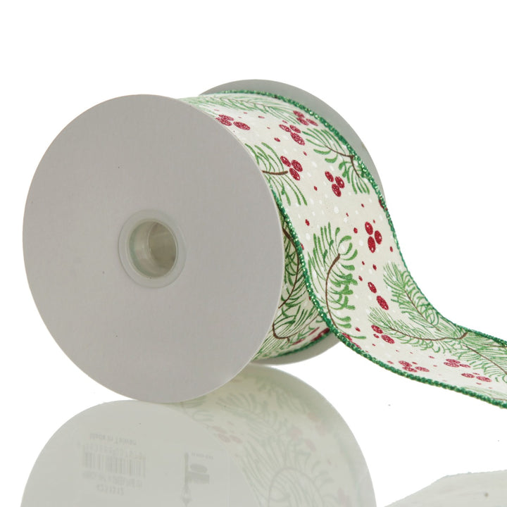 Wide White with Green Fir and Red Berry Ribbon