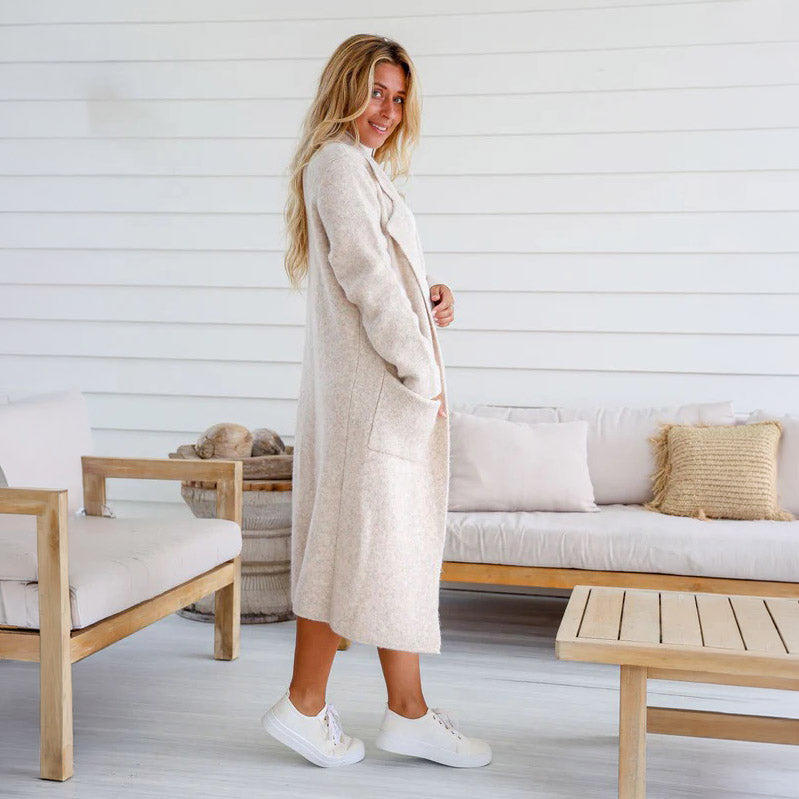 Winter White Long Knit Cardigan with Pockets - ML
