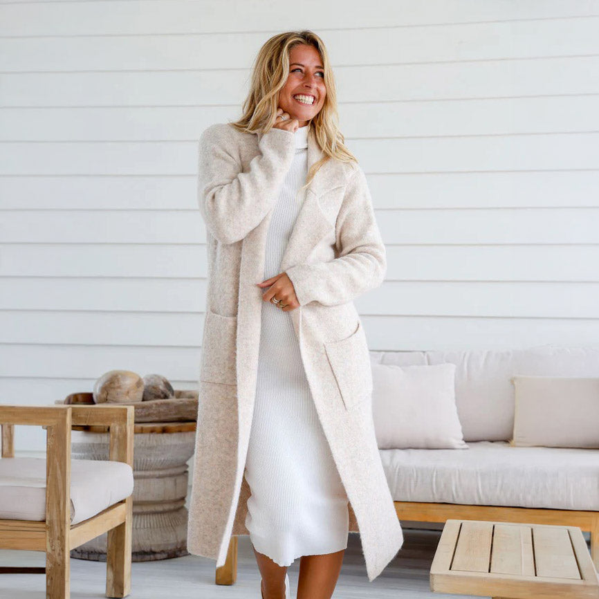 Winter White Long Knit Cardigan with Pockets - SM