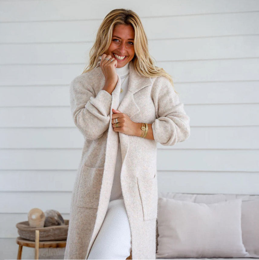 Winter White Long Knit Cardigan with Pockets - ML