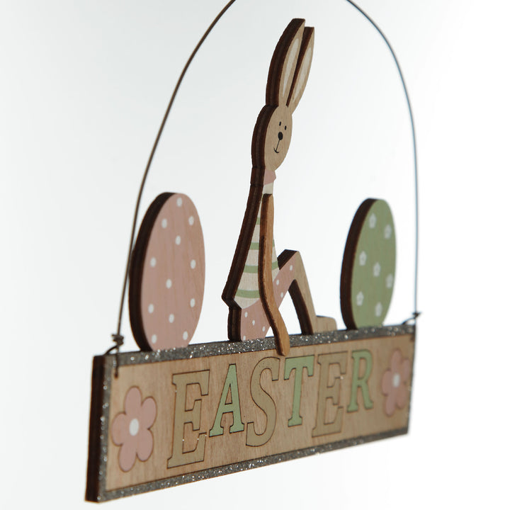 Wooden Easter Hanging Sign with Boy Bunny and Eggs