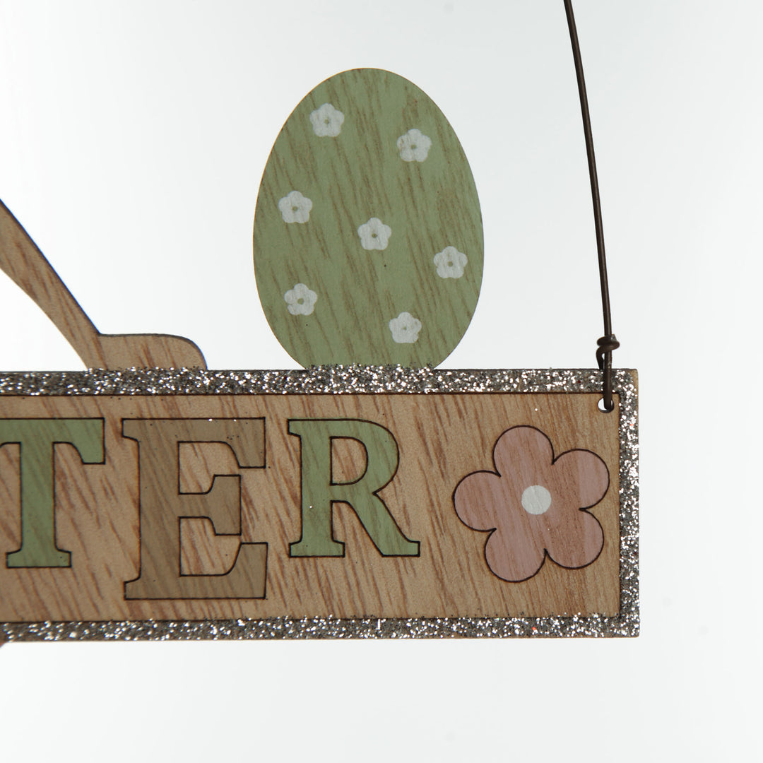 Wooden Easter Hanging Sign with Boy Bunny and Eggs