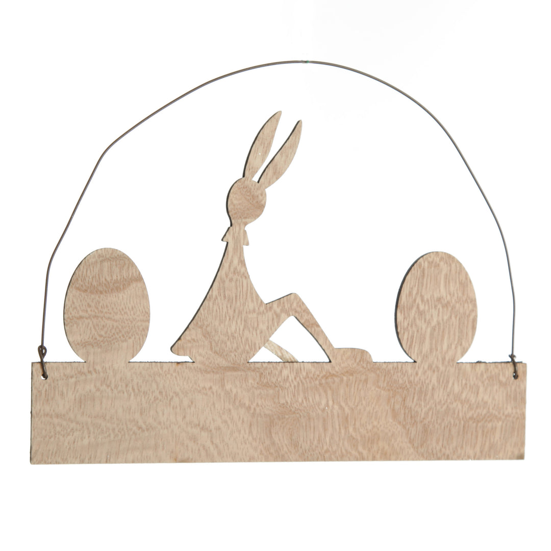 Wooden Easter Hanging Sign with Girl Bunny and Eggs