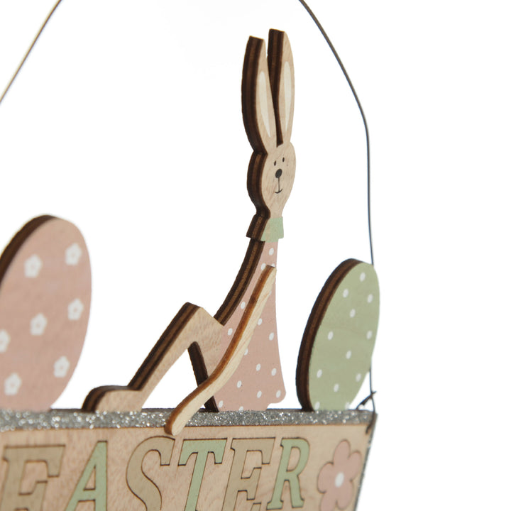 Wooden Easter Hanging Sign with Girl Bunny and Eggs