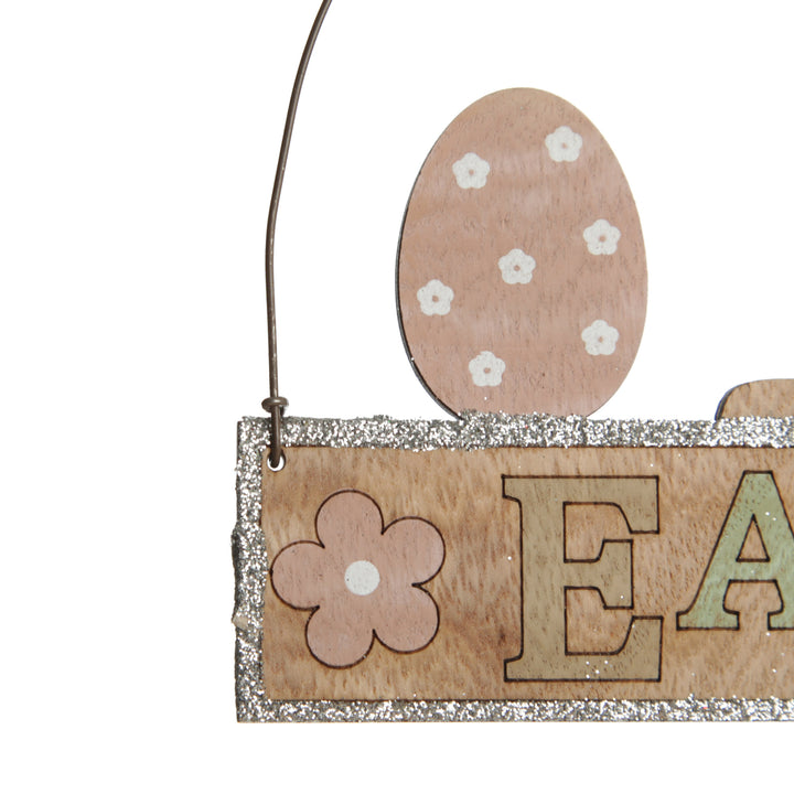 Wooden Easter Hanging Sign with Girl Bunny and Eggs