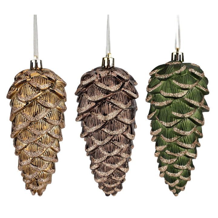 Woodlands with Champagne Glitter Detail Hanging Ornaments - Set of 3