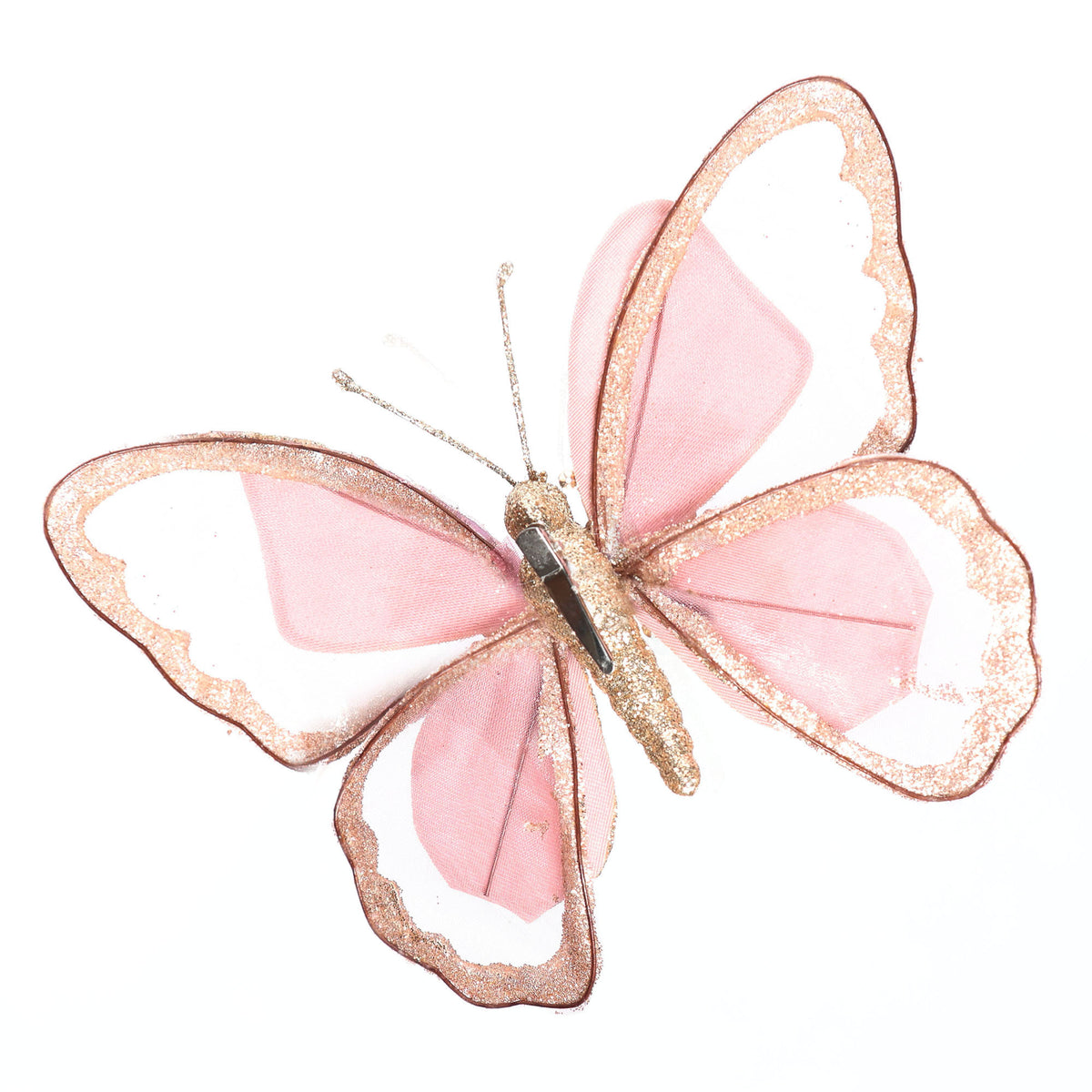 Pink Mesh Butterfly Clip With Gold Glitter Trim