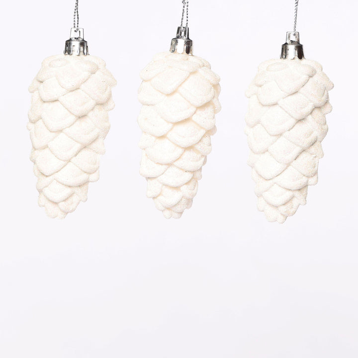 White Glitter Pinecones Tree Decoration - Set of 3