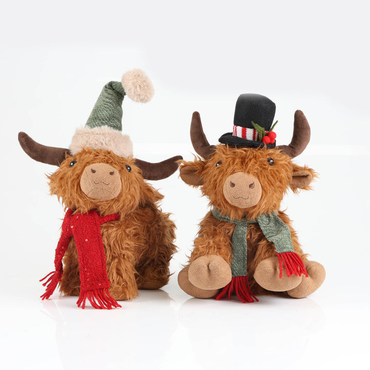 Highland Cow Christmas Plush Standing with Grey Hat and Scarf - 30cm