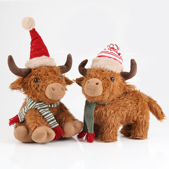 Highland Cow Christmas Plush Sitting with Red Hat and Scarf -48cm
