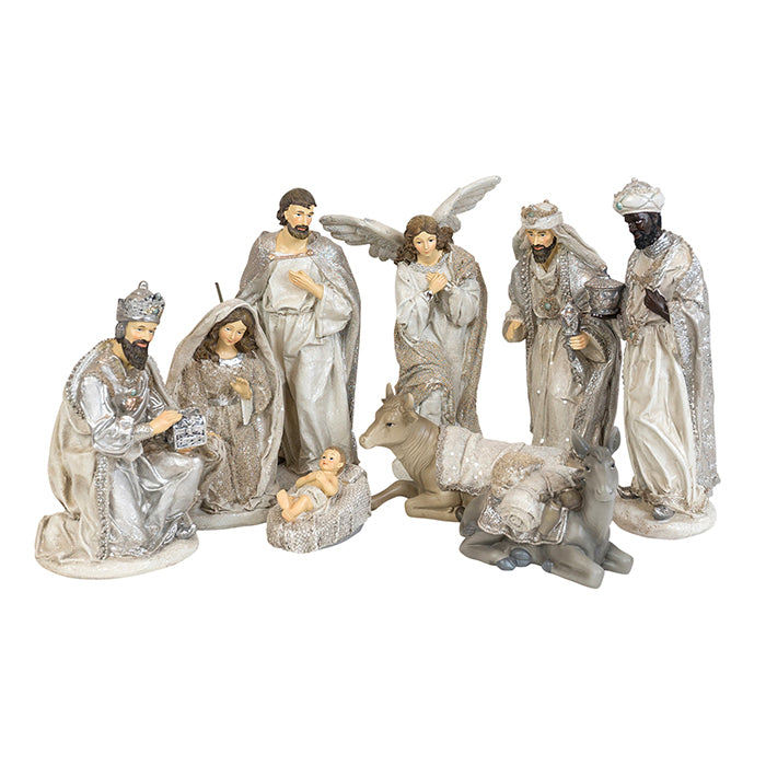 9 Piece Luxe Nativity Set - Silver and White