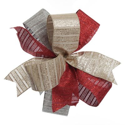 Champagne Glitter and Linen Striped Wired Ribbon - 6.5cm