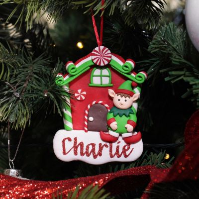 Personalised Gingerbread House Decoration with Boy Elf