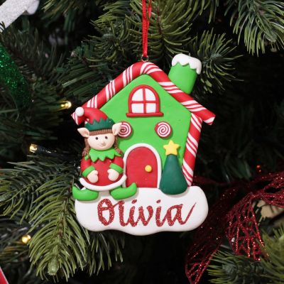 Personalised Gingerbread House Decoration with Girl Elf