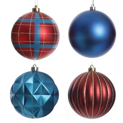 Assorted Decorative Red and Blue Shatterproof Christmas Baubles - Set of 4