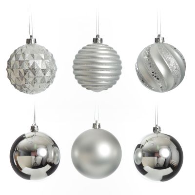Assorted Decorative Silver Shatterproof Christmas Baubles - Set of 6
