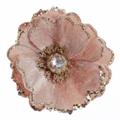Baby Pink Velvet Magnolia Flower Clip with Jewel Centre and Sequin Tips