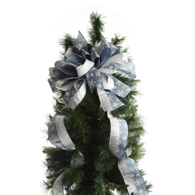 Blue and Silver Snowflake Deluxe Tree Topper Bow with Streamers