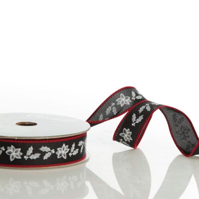 Black Holly with Red Trim Wired Ribbon - 2.2cm