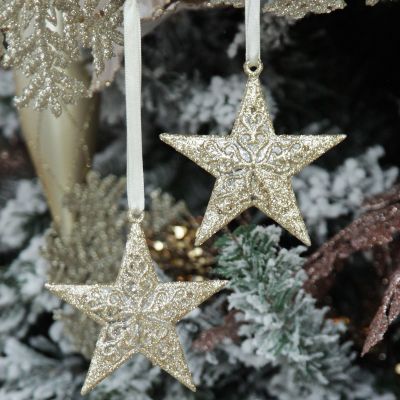 Champagne Glitter Star Tree Decorations -  Set of 2