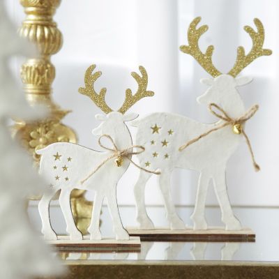 Large White Wood Deers with Gold Glitter Ornaments -Set of 2 