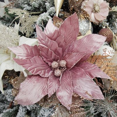 Large Pink Poinsettia Flower Stem with Glitter Trim