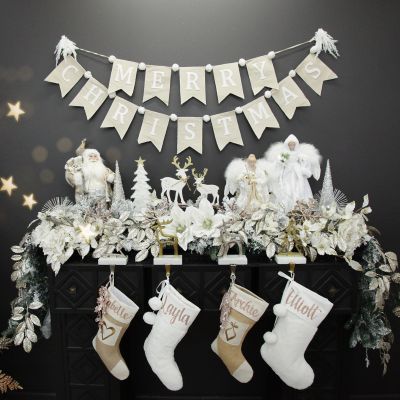 Natural Linen and White Merry Christmas Bunting with Pom Poms
