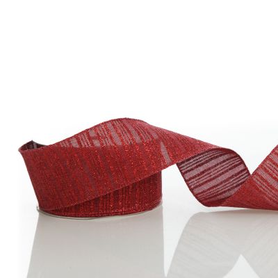 Burgundy Glitter and Linen Striped Wired Ribbon - 6.5cm