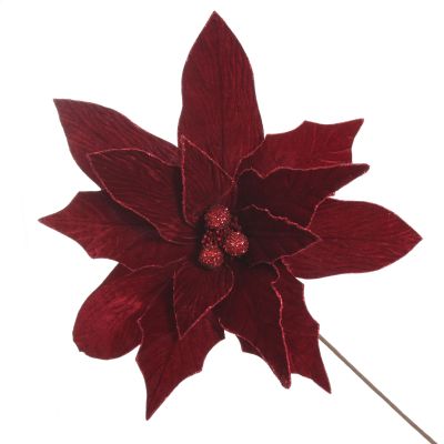 Large Burgundy Poinsettia Flower Stem with Glitter Trim