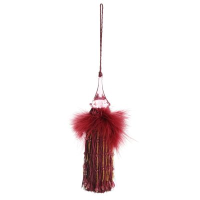 Burgundy Tassel with Feathers and Beaded Fringing