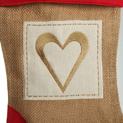 Burlap and Linen Heart Stocking with Red Trim