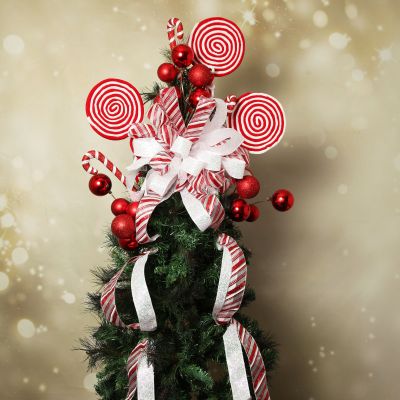 Candy Cane Stripe Deluxe Tree Topper Bow with Streamers