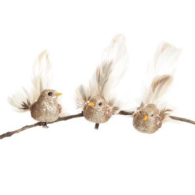 Champagne Bird Clip with Feather Tail  - Set of 3
