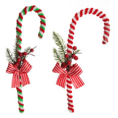 Large Chenille Stick Christmas Candy Cane with Pine and Berries - Set of 2
