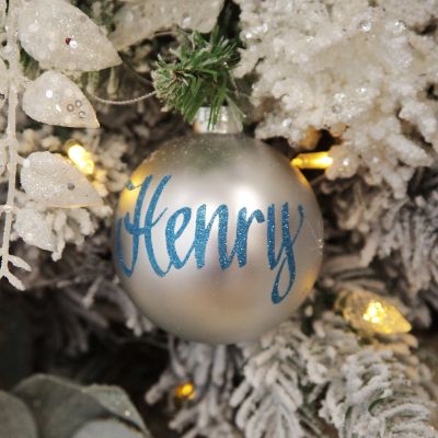 Silver Glass Personalised Christmas Bauble - Blue Glitter
