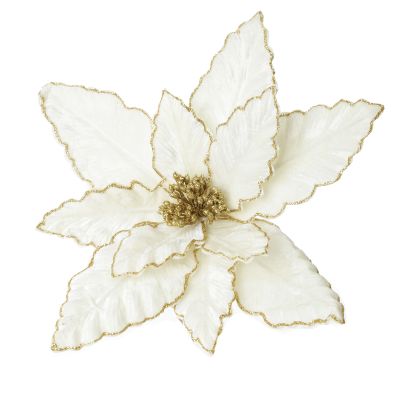 Ivory Poinsettia Flower Pick with Gold Glitter Trim