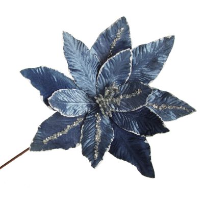 Denim Blue Poinsettia Flower Stem with Silver Glitter Highlights