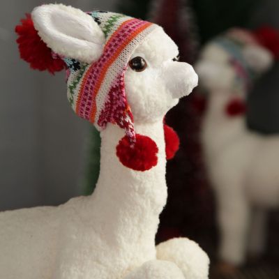 Fluffy White Llama with Hat - Sitting