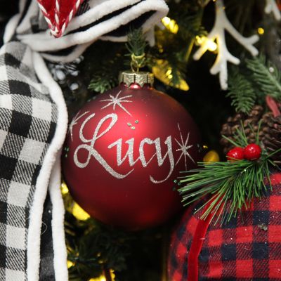 Red Glass Personalised Christmas Bauble - Silver Glitter