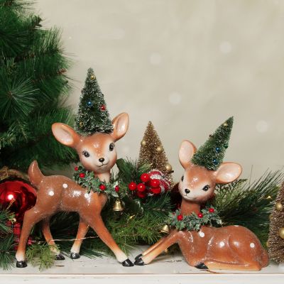 Frosted Retro Bambi Christmas Ornaments with Trees - Set of 2