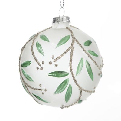 Frosted White Bauble with Green Leaves