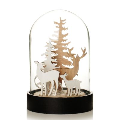Dark Wood Base Glass Cloche with Reindeer