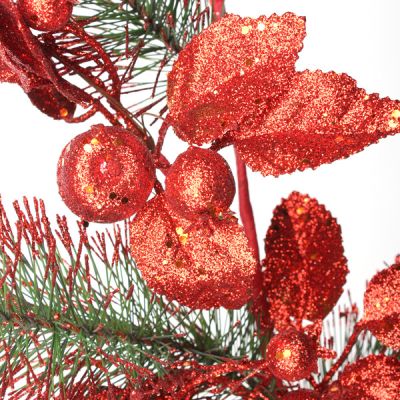 Red Glitter Floral and Pine Spray