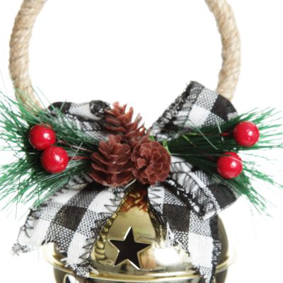Gold Christmas Bell Door Hanger with Black Buffalo Check Bow 