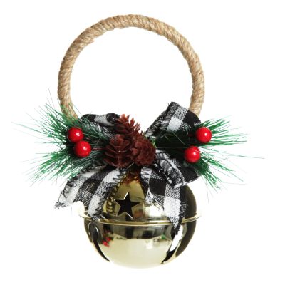 Gold Christmas Bell Door Hanger with Black Buffalo Check Bow 