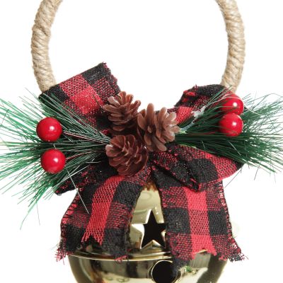 Gold Christmas Bell Door Hanger with Red Buffalo Check Bow 
