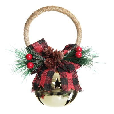 Gold Christmas Bell Door Hanger with Red Buffalo Check Bow 