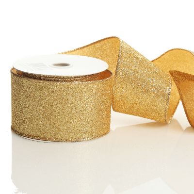 Gold Sparkle Glitter Ribbon Wired Edge - 6.3cm 